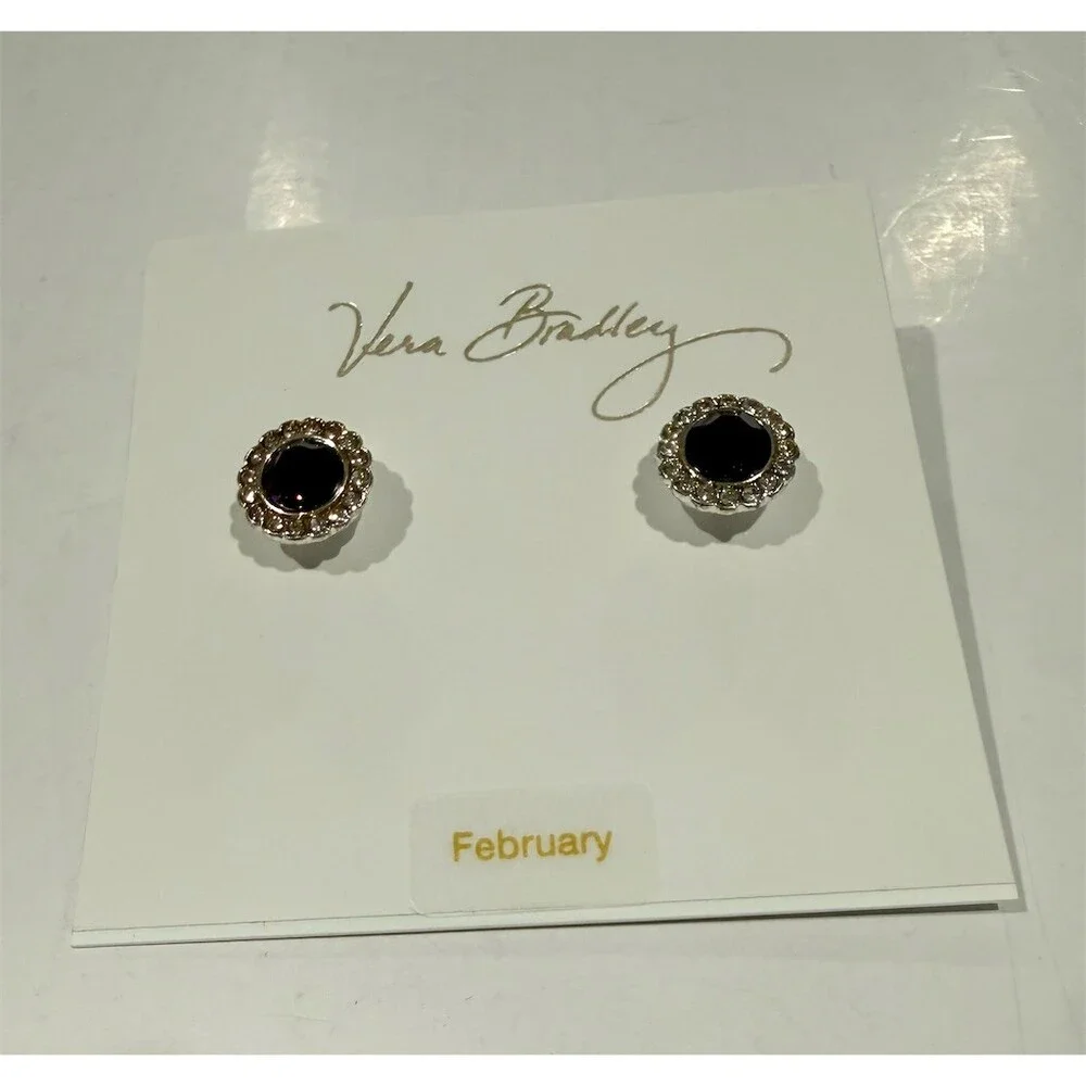 Vera Bradley February Birthstone Stud Earrings Purple Crystal Halo Post silver